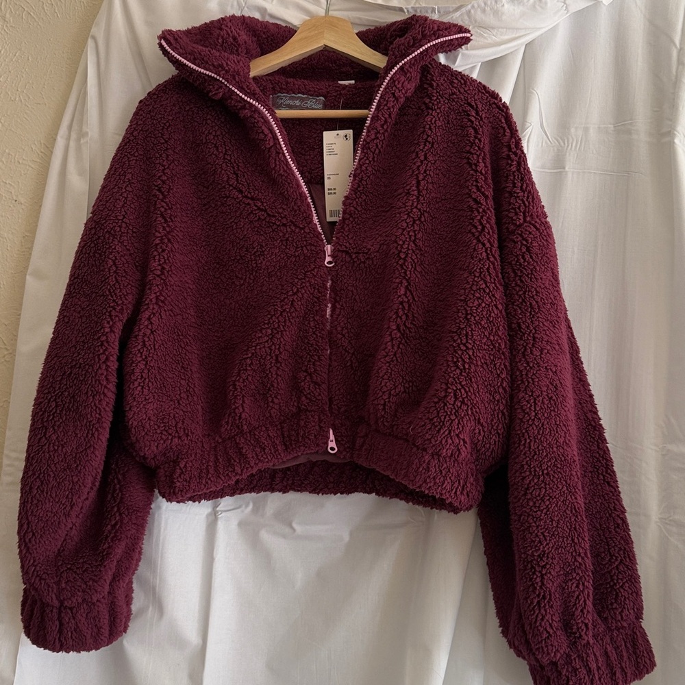 Urban Outfitters Kimichi Blue Plush Burgundy Zip-Up Jacket size xs
